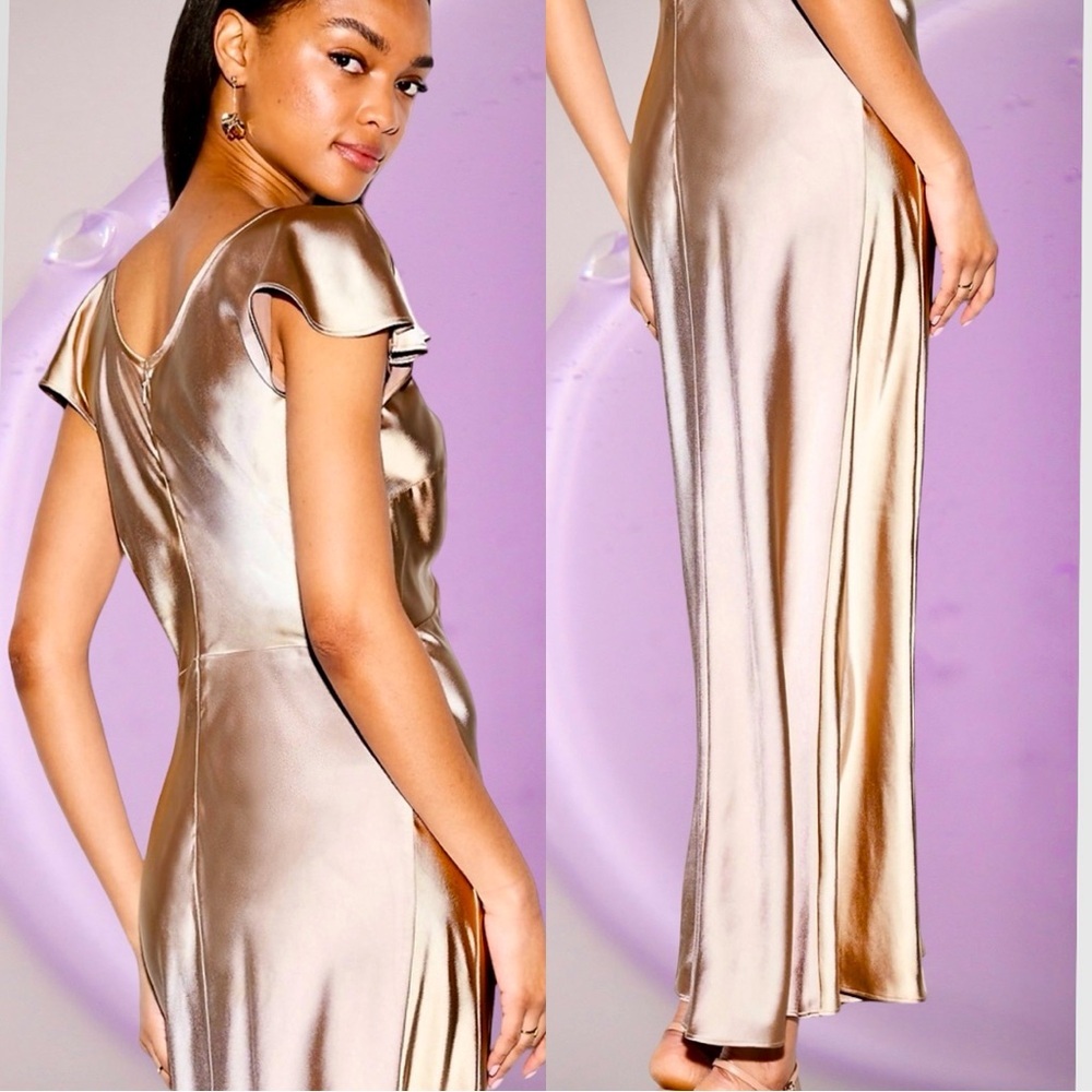 NWTS🌹THE OCCASION L🌹ELITE LINE CHAMPAGNE SATIN FLUTTER SLEEVE FITTED MIDI MAXI - Picture 3 of 16